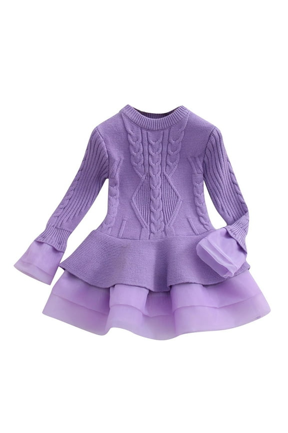 Wancir Girls Ruffle Sweater Long Sleeves Tutu Dresses Stitching Knitting Pullover Tops for Kids