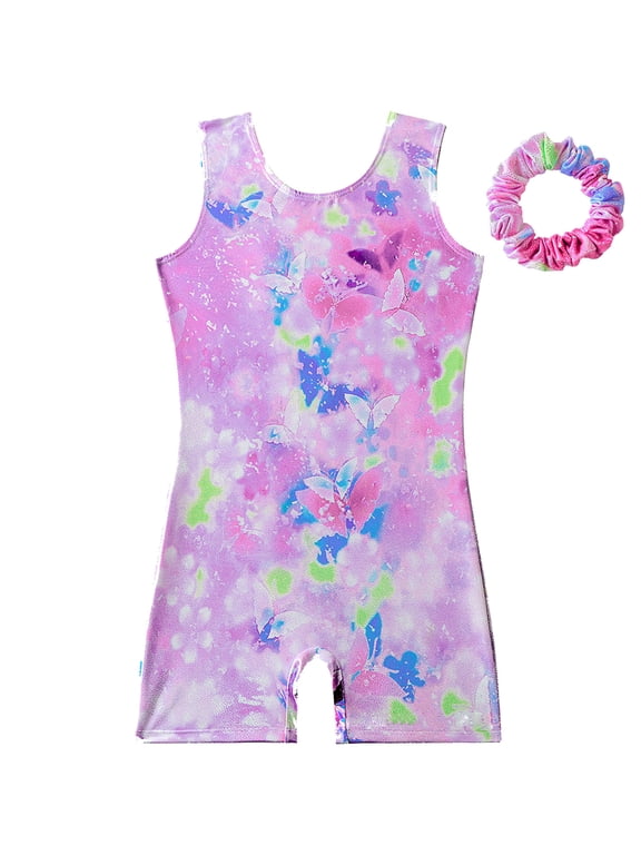 Wancir Gymnastics Leotards for Girls Sparkly One-Piece Pro Kids Unitard Biketards with Shorts and Hair Band