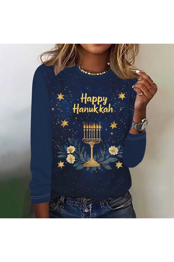 Wancir Hanukkah Sweatshirt Hanukkah Sweater Women Chanukah Sweaters Menorah Pullover Casual Long Sleeve Tee Tops