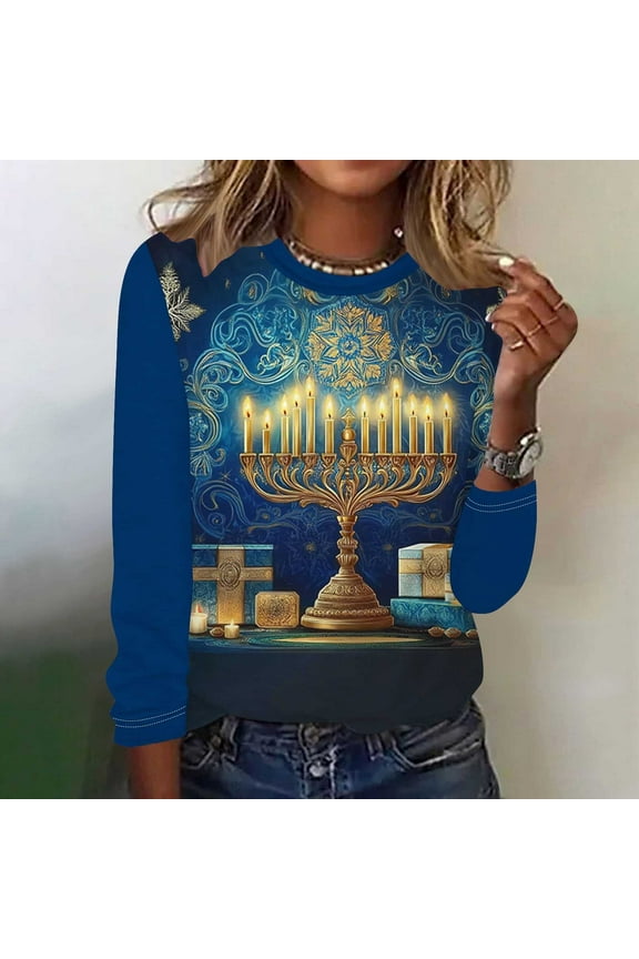 Wancir Hanukkah Sweatshirt Women Ugly Hanukkah Sweater Menorahs Graphic Crewneck Pullover Shirt