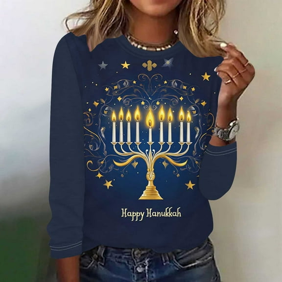 Wancir Happy Hanukkah Women's Long Sleeve Shirts O Neck T-Shirt Casual Loose Tops for Women