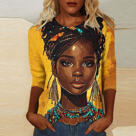 Wancir Happy Kwanzaa Shirts for Women 3/4 Sleeve African American Celebration Tops Pride Black Queen Seven Principles Tshirt