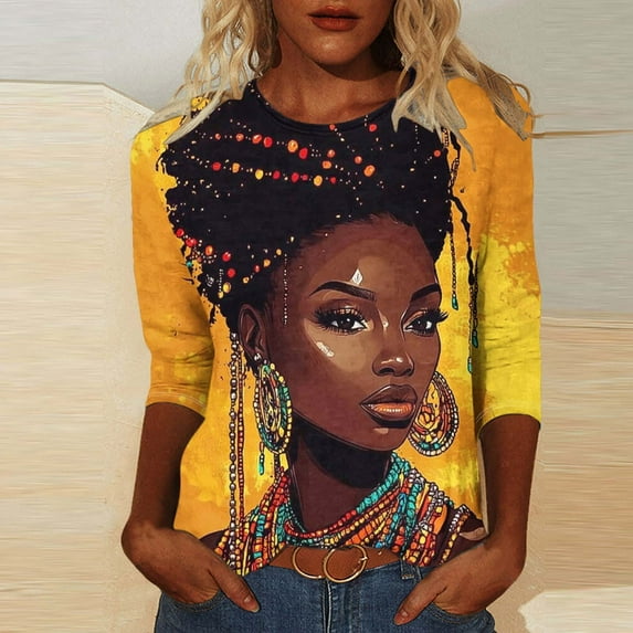 Wancir Happy Kwanzaa Shirts for Women Merry Christmas Tops African American Black Pride Tshirts 3/4 Sleeve Crewneck Blouses