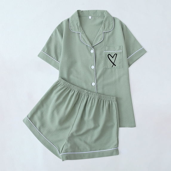 Wancir Heart Print Pajama Sets For Women 2 Piece Two Piece Loungewear Sets Collared Pjs Soft Top Shorts Matching Sleepwear Set