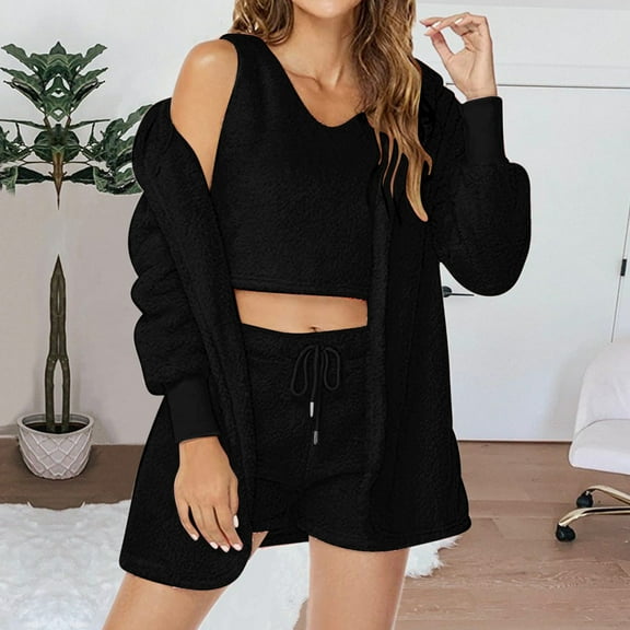 Wancir Hooded Cardigan Outwear Crop Tops Shorts Nightwear Set, Women Sexy Warm Fuzzy 3 Piece Outfits Pajamas