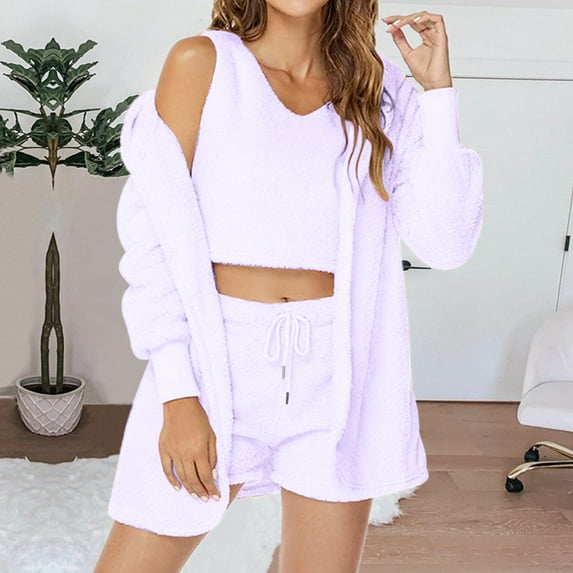 Wancir Hooded Cardigan Outwear Crop Tops Shorts Nightwear Set, Women Sexy Warm Fuzzy 3 Piece Outfits Pajamas