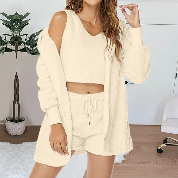 Wancir Hooded Cardigan Outwear Crop Tops Shorts Nightwear Set, Women Sexy Warm Fuzzy 3 Piece Outfits Pajamas