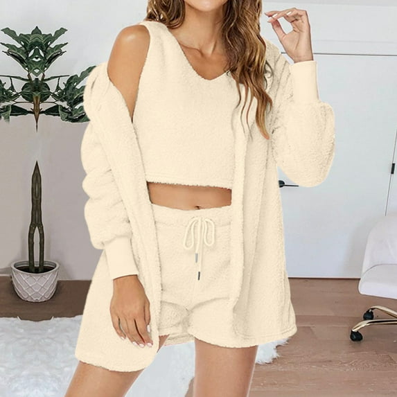 Wancir Hooded Cardigan Outwear Crop Tops Shorts Nightwear Set, Women Sexy Warm Fuzzy 3 Piece Outfits Pajamas