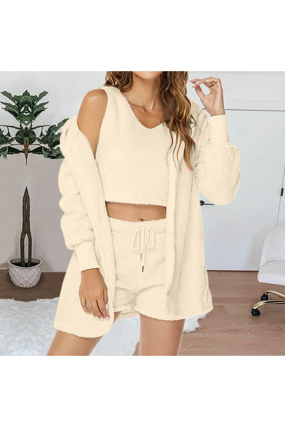 Wancir Hooded Cardigan Outwear Crop Tops Shorts Nightwear Set, Women Sexy Warm Fuzzy 3 Piece Outfits Pajamas