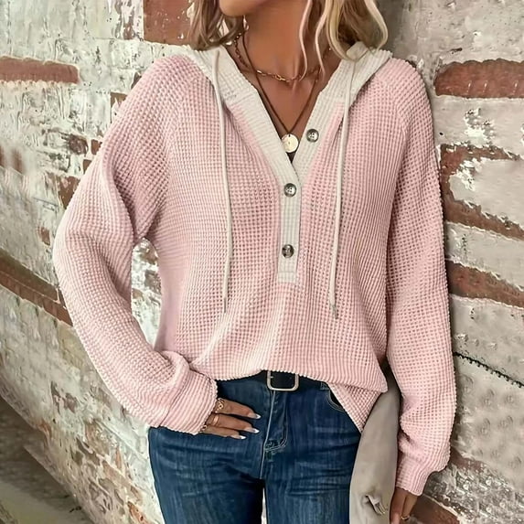 Wancir Hoodies for Women Waffle Knit Long Sleeve Drawstring Button V Neck Casual Pullover Sweatshirt Hooded Tops