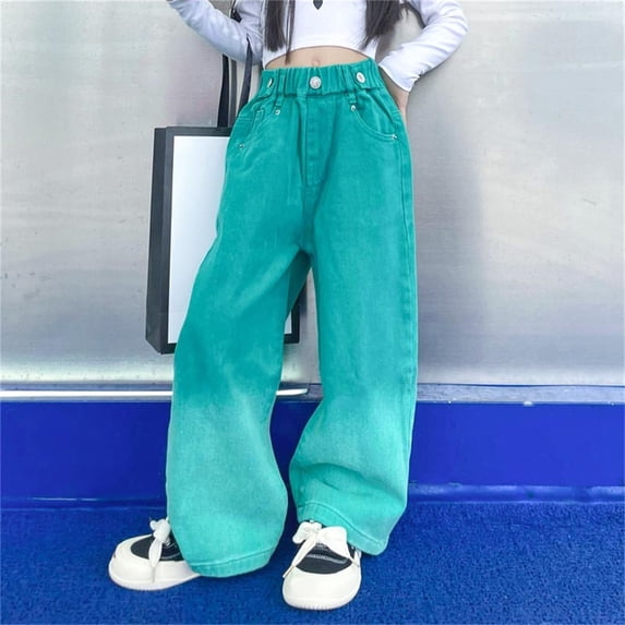 Wancir Jeans Girl Wide Straight Leg Pants Cute Loose Fit Causal Stylish Trousers Stretch Fashion Elastic Waist Jeans 5-14T