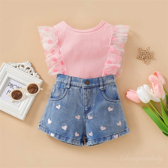 Wancir Kids Baby Girls Outfits Floral Ruffle Off Shoulder Crop Tops + Bowknot Denim Shorts Skirt Set Toddler Summer Clothes
