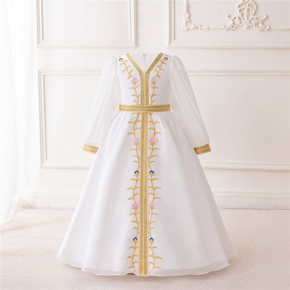 Wancir Kids Girls Middle East Muslim Dress Long Sleeve Ruffle Prayer Dress Dubai Abaya Ramadan Kaftan for 4-7 Years