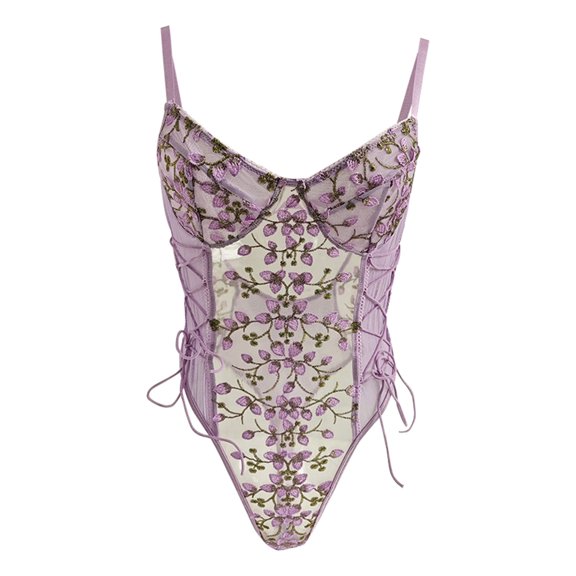 Wancir Ladies' Sexy Lace Mesh Embroidered Hollow Out Stainless Steel Ring Transparent Open Back Drawstring Waist Tightening Set