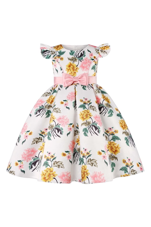 Wancir Little Fly Sleeve Printed Dress Girls Bow Little Girl Holiday Party Evening Gowns