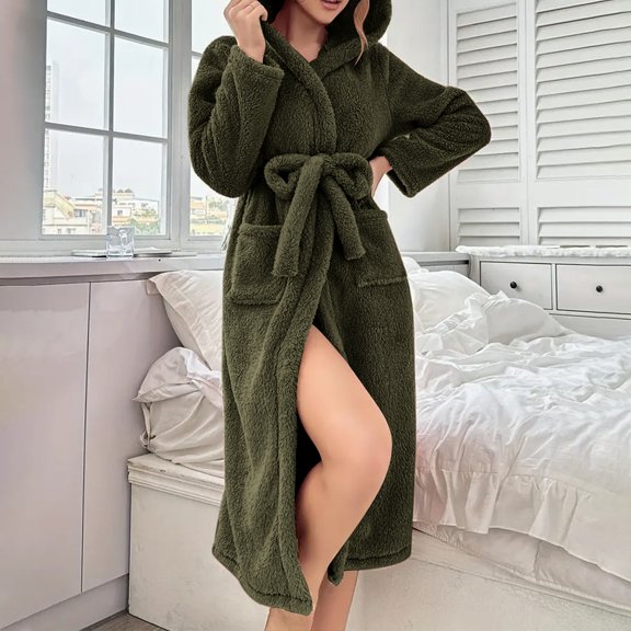 Wancir Long Hooded Robe for Women Luxurious Flannel Fleece Full Length Bathrobe Winter Warm Pajamas Shower Nightgown