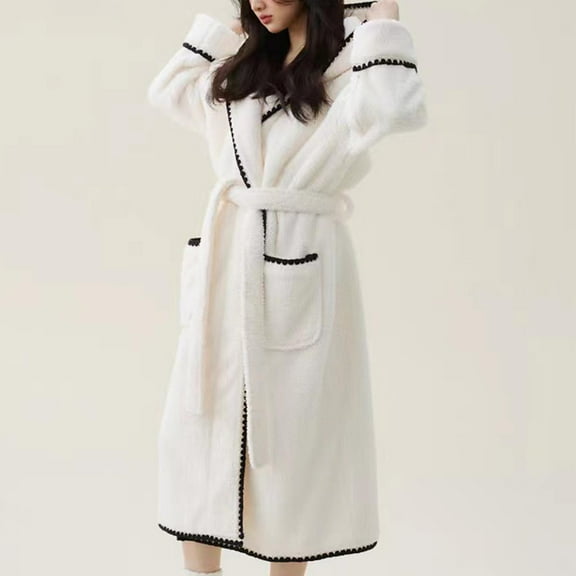 Wancir Long Hooded Robe for Women Luxurious Flannel Fleece Full Length Bathrobe Winter Warm Pajamas Shower Nightgown