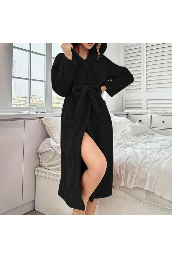 Wancir Long Hooded Robe for Women Luxurious Flannel Fleece Full Length Bathrobe Winter Warm Pajamas Shower Nightgown