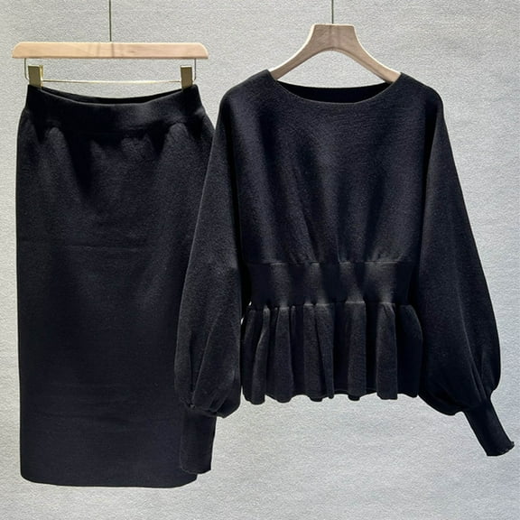 Wancir Long Sleeve Two Piece Skirt Sets Women Outfits Casual Ribbed Knit Wrap Hip Half-body Skirt