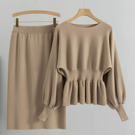 Wancir Long Sleeve Two Piece Skirt Sets Women Outfits Casual Ribbed Knit Wrap Hip Half-body Skirt