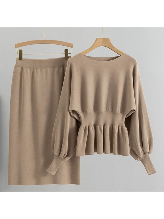 Wancir Long Sleeve Two Piece Skirt Sets Women Outfits Casual Ribbed Knit Wrap Hip Half-body Skirt