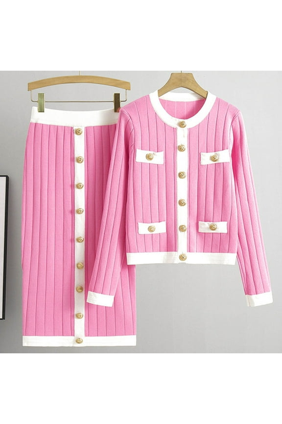 Wancir Long Sleeve Two Piece Skirt Sets Women Outfits Casual Ribbed Knit Wrap Hip Half-body Skirt