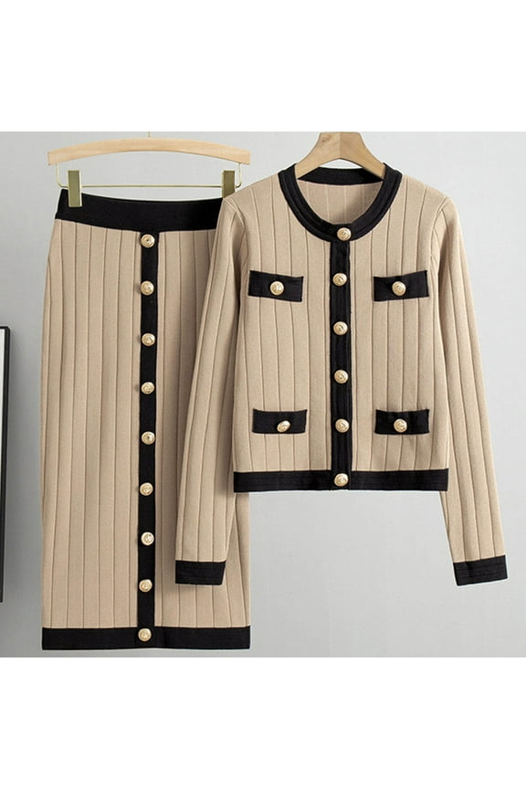 Wancir Long Sleeve Two Piece Skirt Sets Women Outfits Casual Ribbed Knit Wrap Hip Half-body Skirt