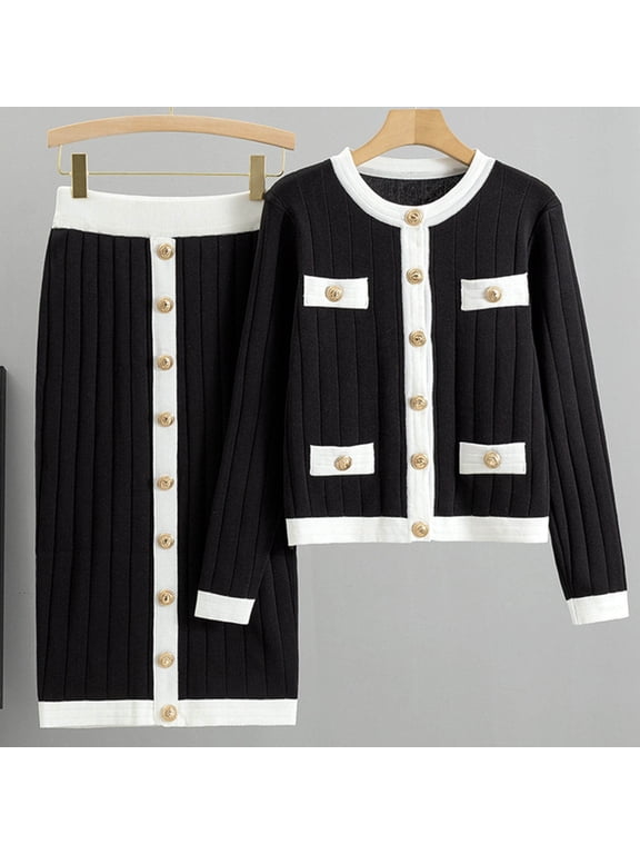 Wancir Long Sleeve Two Piece Skirt Sets Women Outfits Casual Ribbed Knit Wrap Hip Half-body Skirt