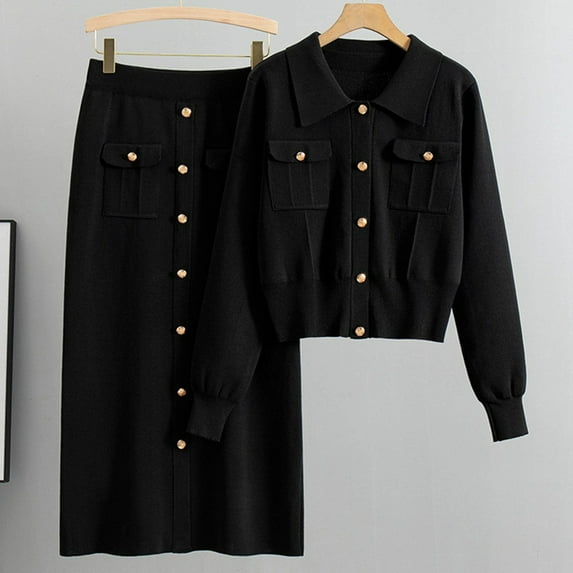 Wancir Long Sleeve Two Piece Skirt Sets Women Outfits Casual Ribbed Knit Wrap Hip Half-body Skirt