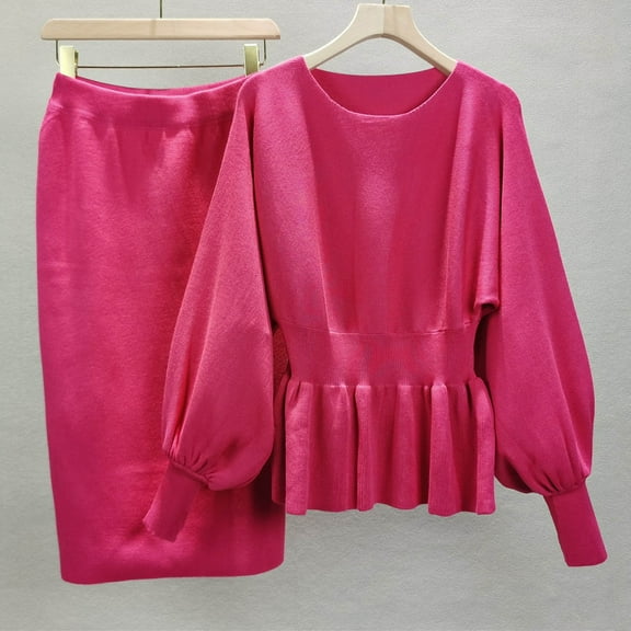 Wancir Long Sleeve Two Piece Skirt Sets Women Outfits Casual Ribbed Knit Wrap Hip Half-body Skirt