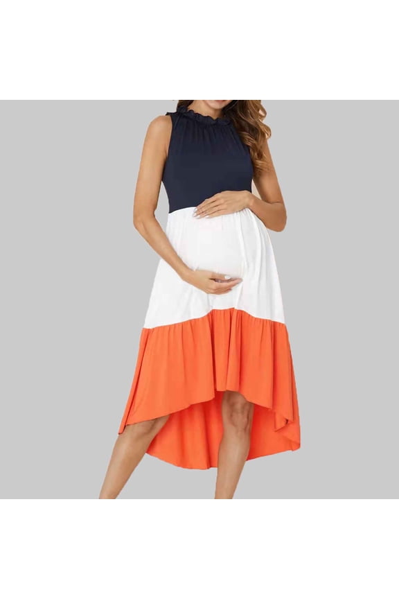 Wancir Maternity Dress Summer Women Smocked Crew Neck Sleeveless Pregnancy Baby Shower Photoshoot Dress