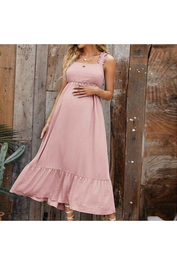 Wancir Maternity Dress Summer Women Tie Back Round Neck Sleevelesss Off Shoulder Pregnancy Baby Shower Dress