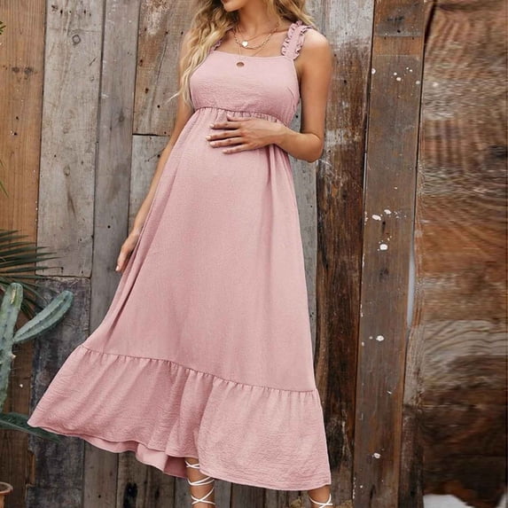 Wancir Maternity Dress Summer Women Tie Back Round Neck Sleevelesss Off Shoulder Pregnancy Baby Shower Dress