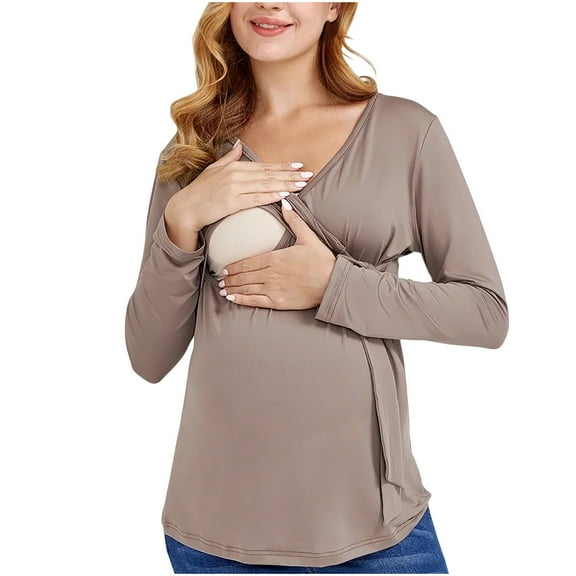 Wancir Maternity Shirts Women's Casual Maternity Tops Pregnancy Puff Sleeve Tunic Top Tie Front Wrap Maternity Clothes