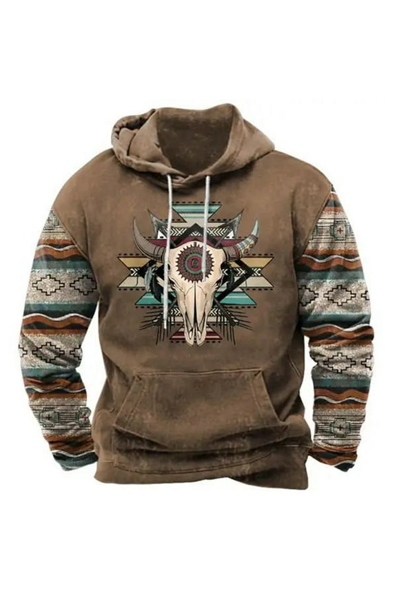 Wancir Men Aztec Tribal Pullover Hoodie Western Ethnic Graphic Hooded Sweatshirts Long Sleeve Patchwork Pullover Tops
