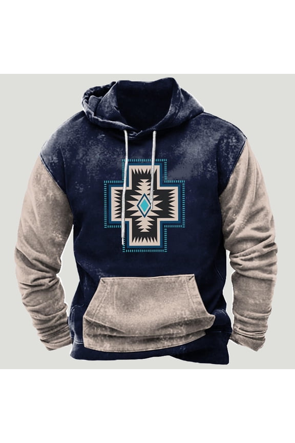 Wancir Men Aztec Tribal Pullover Hoodie Western Ethnic Graphic Hooded Sweatshirts Long Sleeve Patchwork Pullover Tops