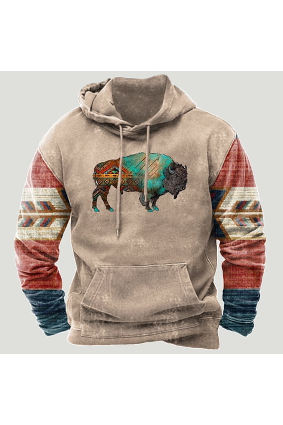 Wancir Men Aztec Tribal Pullover Hoodie Western Ethnic Graphic Hooded Sweatshirts Long Sleeve Patchwork Pullover Tops