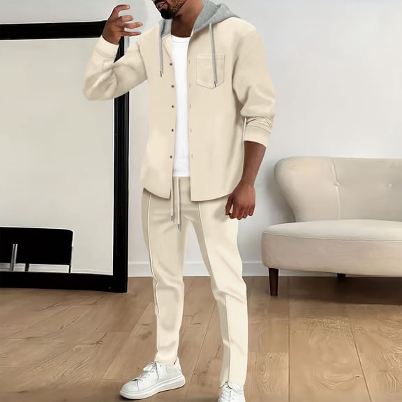 Wancir Men Casual Hooded Solid Color Long Sleeve Blouse And Pockets Pants Trousers Sports Suit