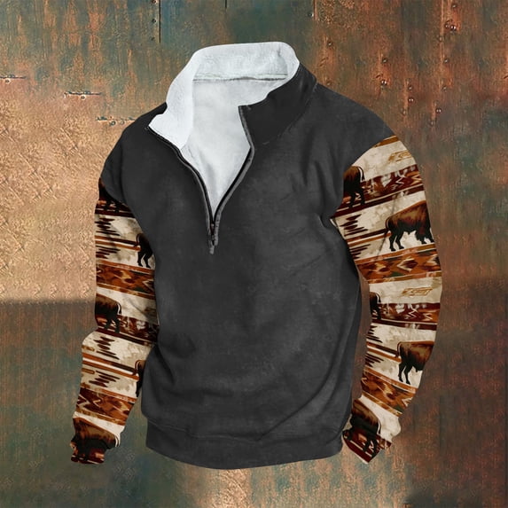 Wancir Men Fashion Aztec Cowboy Hoodies Retro Ethnic Printed Pullovers Zipper Stand Collar Long Sleeve Loose Tops