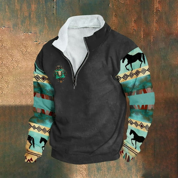 Wancir Men Fashion Aztec Cowboy Hoodies Retro Ethnic Printed Pullovers Zipper Stand Collar Long Sleeve Loose Tops