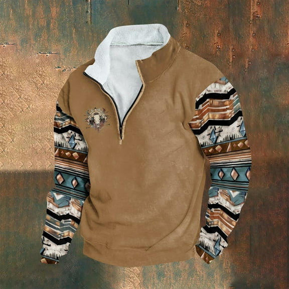 Wancir Men Retro Ethnic Printed Sweatshirts Casual Stand-Up Neck Pullover Tops Zipper V Neck Long Sleeve Loose Sweatshirts