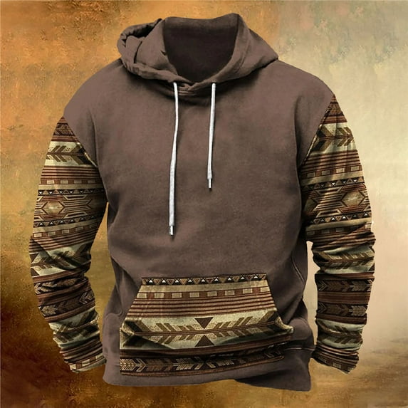 Wancir Men'S Fashion Hoodies & Sweatshirts Drawstring Vintage Print Patchwork Pullover Long Sleeve Pocket Sweatshirt