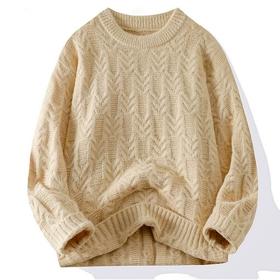 Wancir Men's Cable Knit Vintage Chunky Sweater Loose Casual Knitted Sweater Unisex Woven Crewneck Knitted Top