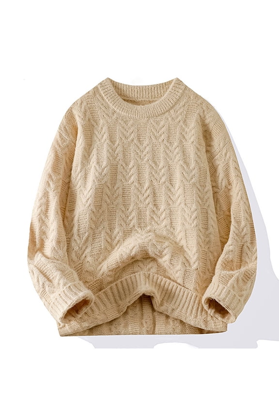 Wancir Men's Cable Knit Vintage Chunky Sweater Loose Casual Knitted Sweater Unisex Woven Crewneck Knitted Top