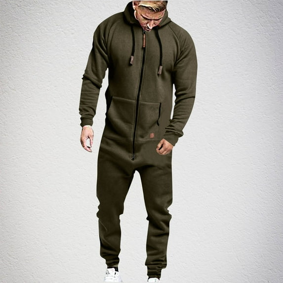 Wancir Men's Fleece Lined Hooded Jumpsuit Zip Up One Piece Pajamas Playsuit Jogger Sweatsuit Overall Romper