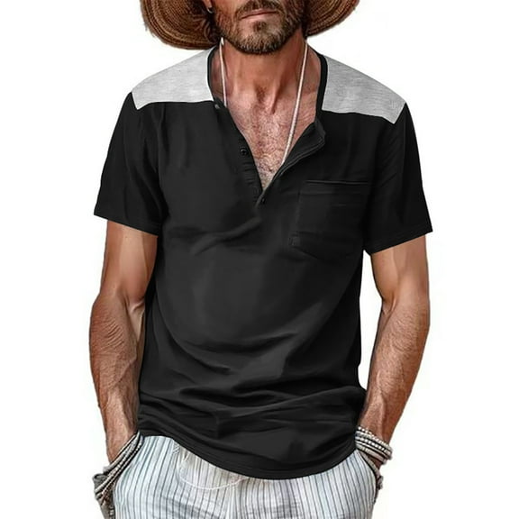Wancir Men's Henley Shirts Short Sleeve Collarless Button T-Shirt Fashion Casual Basic Tee Tops