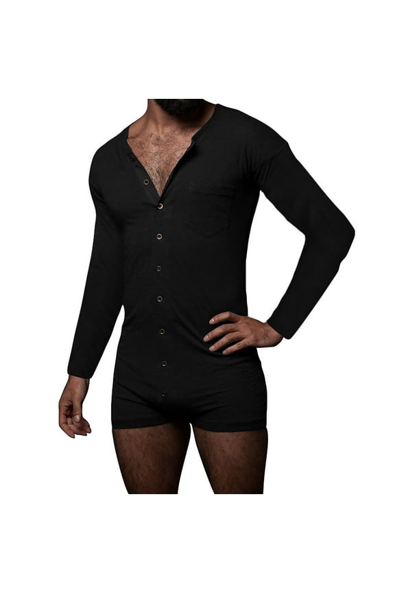 Wancir Men's Long Sleeve Short Jumpsuit Pajama One Piece Button Down Henley Sleepshirt Rompers