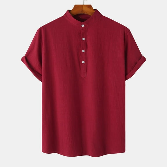 Wancir Men's Regular-Fit Short Sleeve Linen Muslim Tops Mens Traditional Clothing Stand Collar Blouse Button Down T Shirt