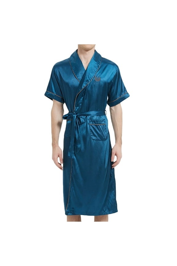 Wancir Men's Satin Kimono Robe Long Sleeve Long Bathrobe Pockets Comfy V Neck Knee Length Lightweight Loungewear