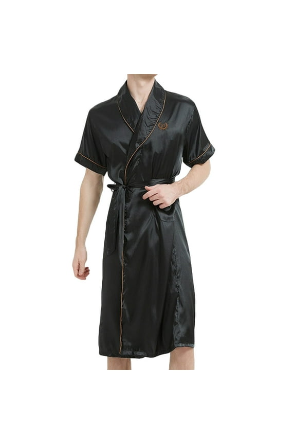 Wancir Men's Satin Kimono Robe Long Sleeve Long Bathrobe Pockets Comfy V Neck Knee Length Lightweight Loungewear